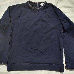 J Crew Sweatshirt, Navy Blue,Zip-up back, floral trim cuffs and neckline, Size M